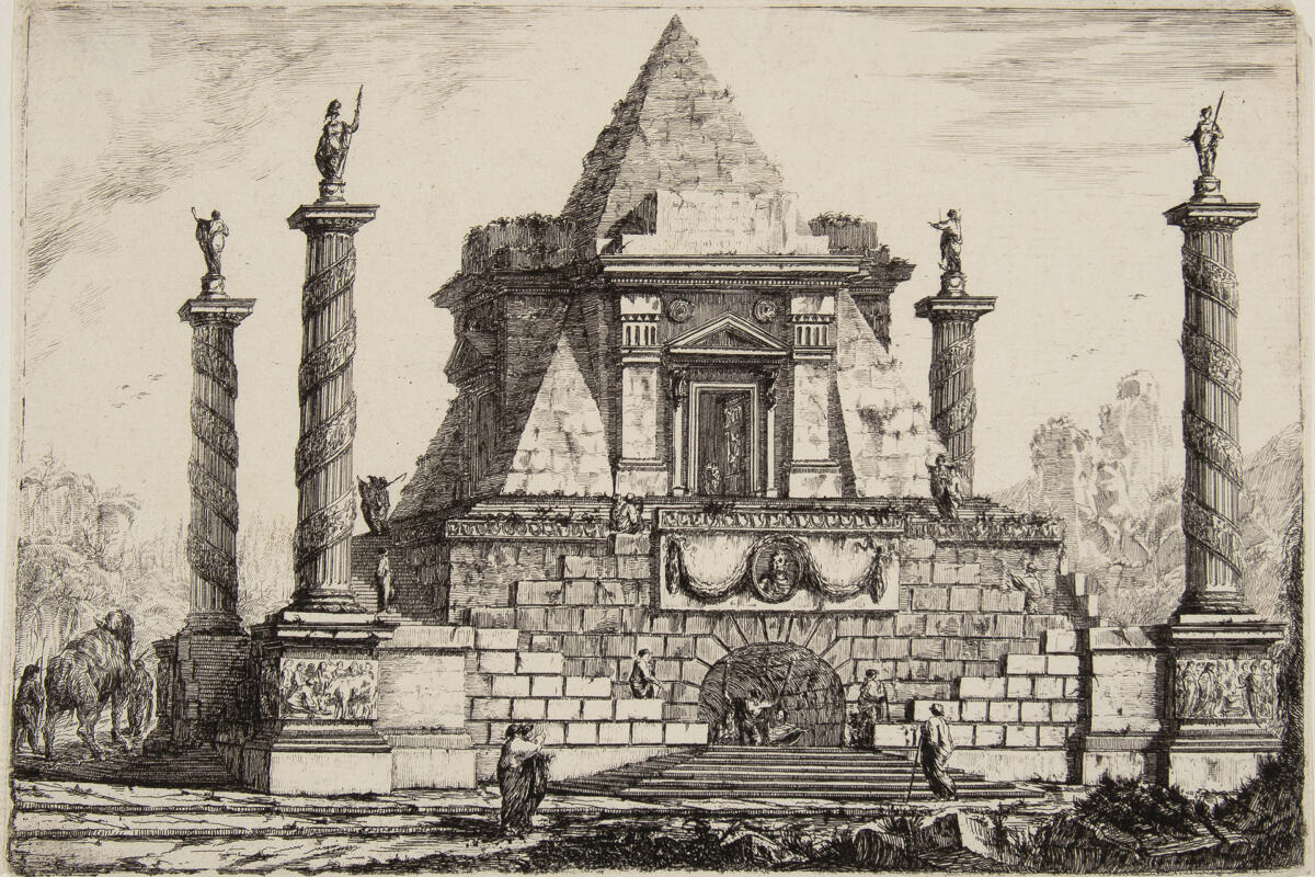 An imaginary triangular-shaped mausoleum surrounded by four columns.