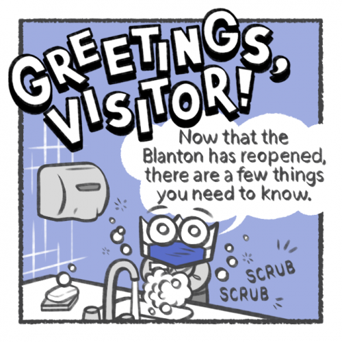 A comic strip illustration from the "Greetings, Visitor" series design by Manami Maxted.