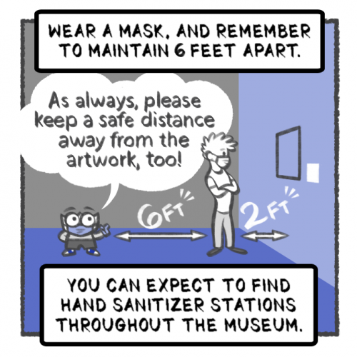 A comic strip illustration from the "Greetings, Visitor" series design by Manami Maxted.