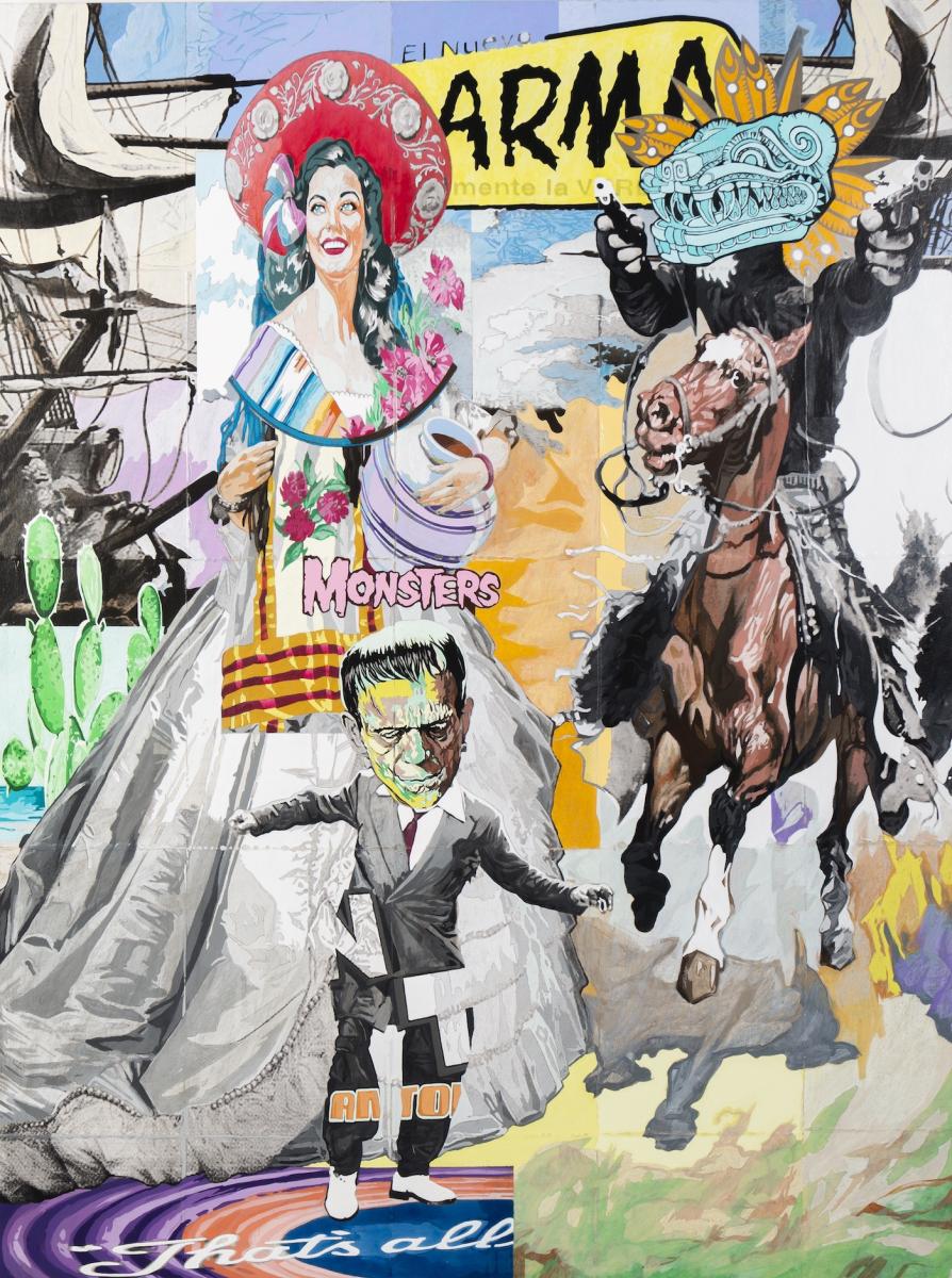 A collage featuring a small Frankenstein’s monster standing in front of a woman in a white dress and red hat and a figure in black on horseback