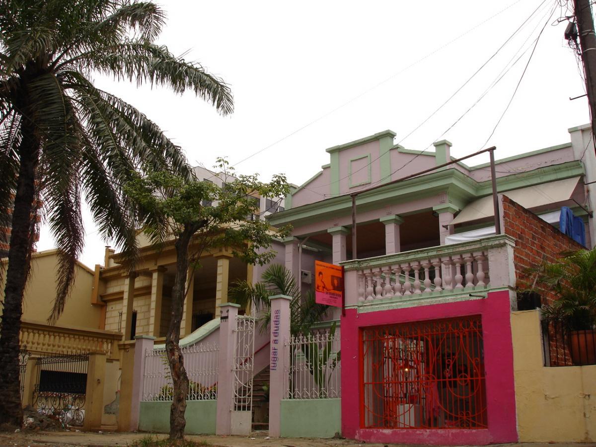 Fotografía en color de un edificio verde y rosa, con columnas en la fachada. En primer plano, hay una palmera.