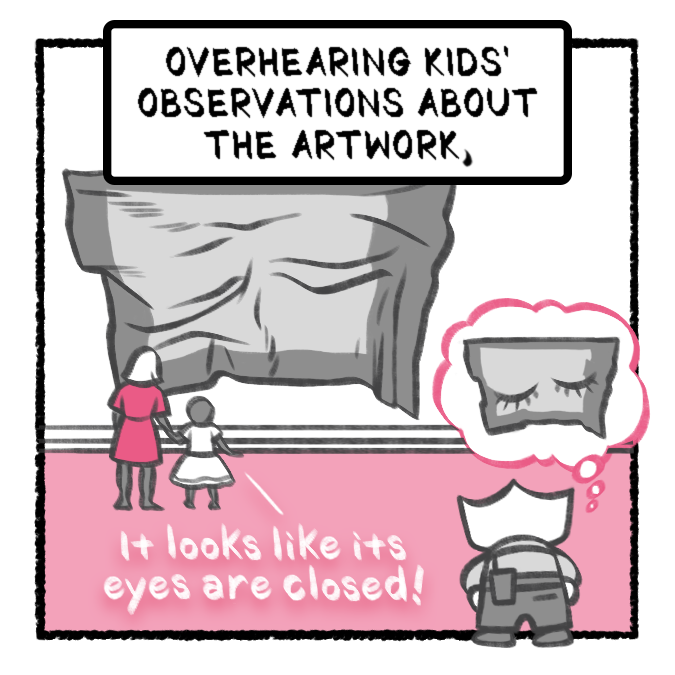 Second panel of a comic titled "Greetings, Visitor!" featuring a small character with her back to the viewer observing a patron and their child talking about an artwork