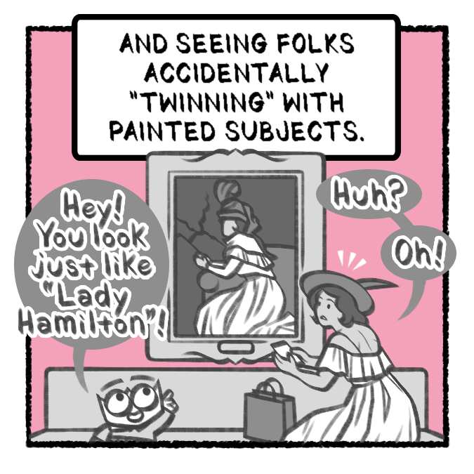4th panel in comic where small character eagerly point at a painting to let a visitor know she is dressed similarly to the painting