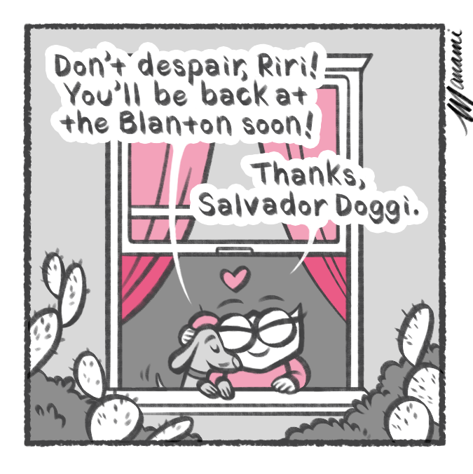 last panel in comic where the small character sits at a window cuddling with a dog in anticipation of the Blanton reopening