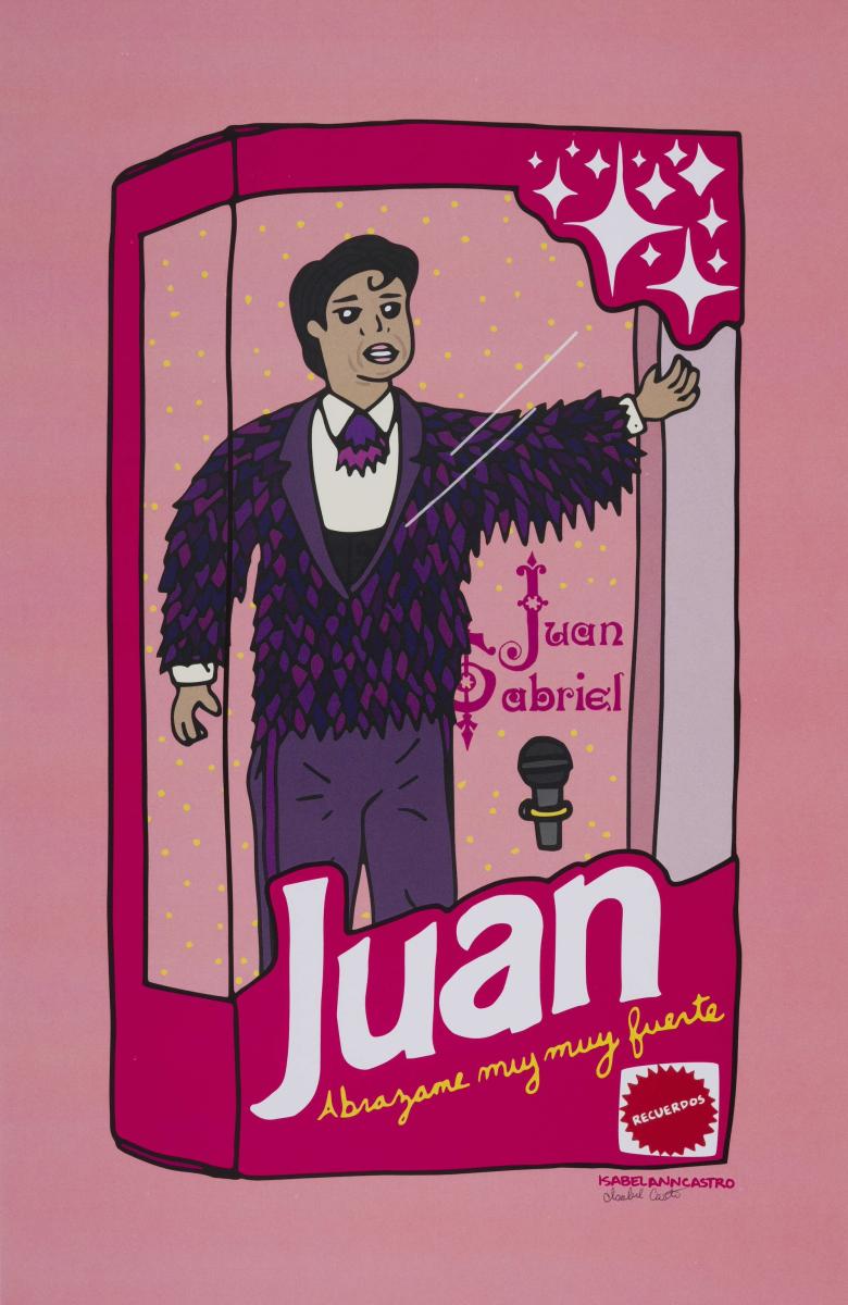 Illustrated poster of Juan Gabriel, depicted inside a Barbie-like toy box, wearing a vibrant purple outfit and holding a microphone,. Text on the poster reads Juan Gabriel in bold white letters and Abrázame muy fuerte in cursive.
