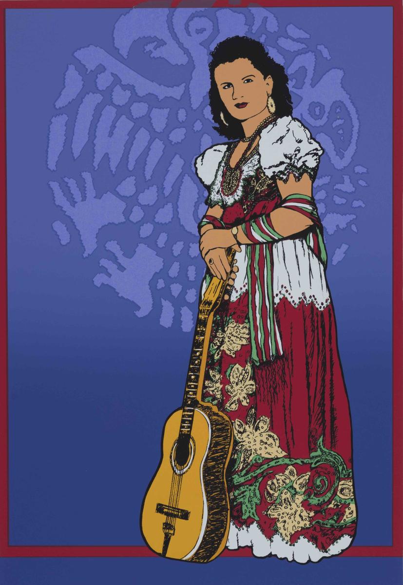 Woman wearing a colorful dress holds n acoustic guitar.