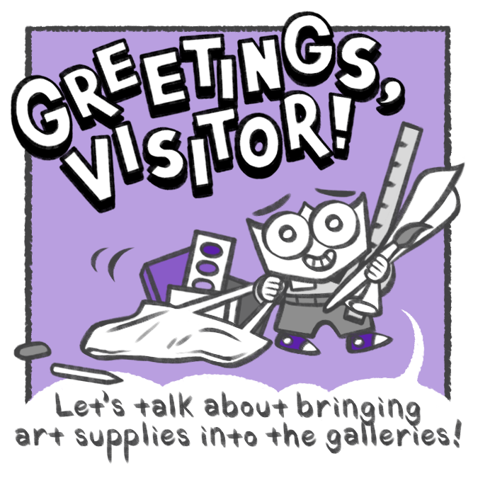 First panel of a comic titled "Greetings, Visitor!" that features a small character holds a ruler, a paint brush, and some paper while dragging a tote bag filled with more supplies