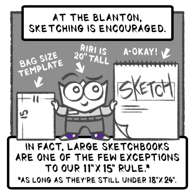 Second panel of a comic titled "Greetings, Visitor!" featuring a small character holding the size template for bag size and a large sketch book