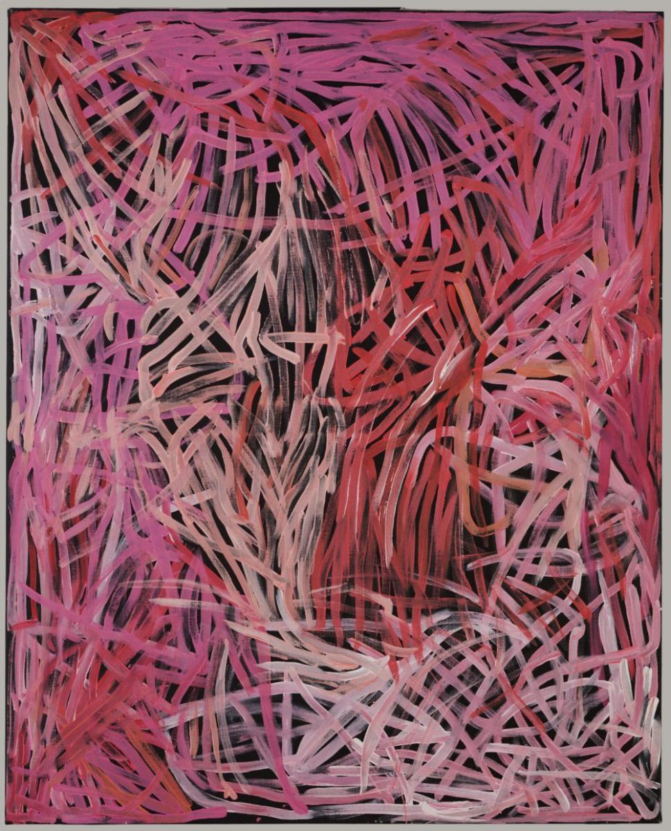 Emily Kam Kngwarray, Anooralya (Wild Yam Dreaming). large grouping of brush strokes with varieties of red and pink