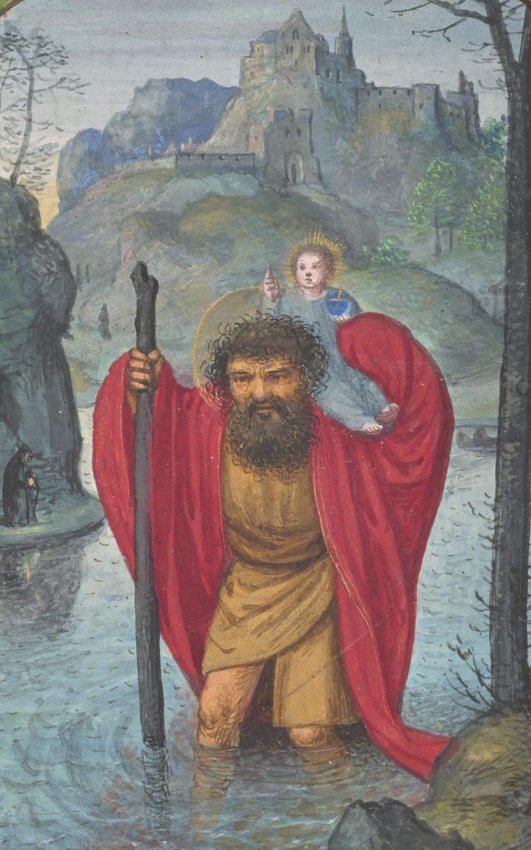 The image shows the giant Christopher of Lycia wading through water struggling to carry the infant Christ, who holds an orb representing the weight of the world.