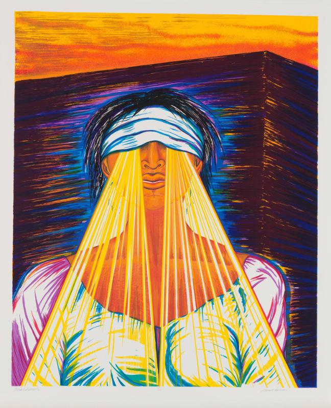 A blindfolded, medium dark-skinned woman with rays of light beaming out from where her eyes are.