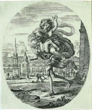 Etching of death carrying off a child, depicting a skeletal figure running with a child on its back as people work in a city in the background