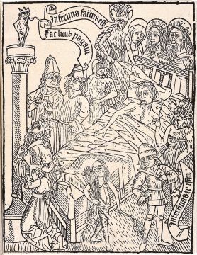 Woodcut artwork, titled The Test of Faith by the Devil, depicting a dying man beset by demons, but protected by Christ, the Virgin and a saint who appear behind the headboard