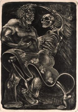 Image of a lithograph print featuring a male figure with a hand wrapped around the ribs of a female skeleton figure whose arm is raised over the male figure's head, both figures seem to be frozen mid spin