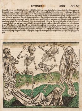 Woodcut from The Nuremberg Chronicle, depicting death, a skeleton being buried as four more skeletons dance and play instruments around him