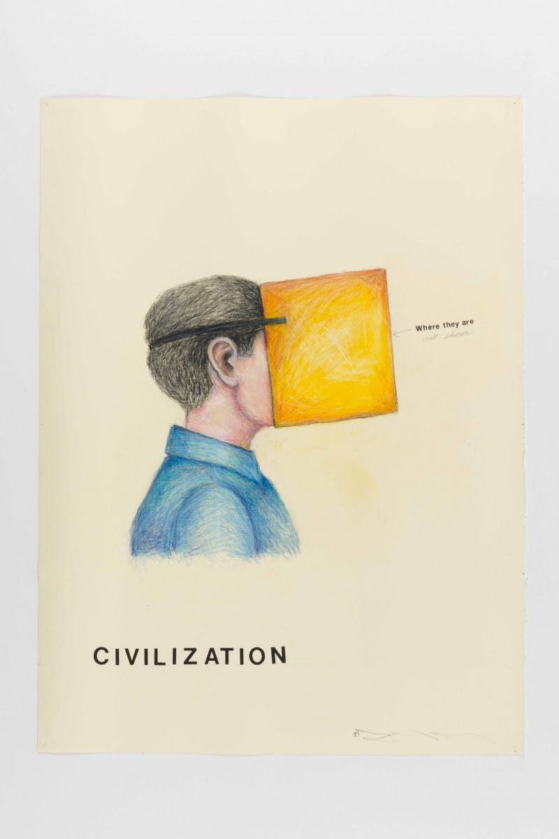 Bust of man wearing blueshirt in profile with yellow square tied to head. Text below reads CIVILIZATION.