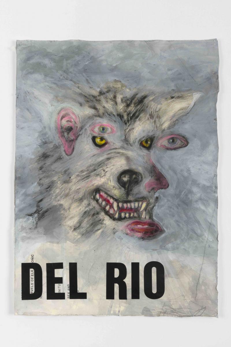 Eyes, mouth, nose, and ear of man superimposed over face of wolf. Text below reads DEL RIO.