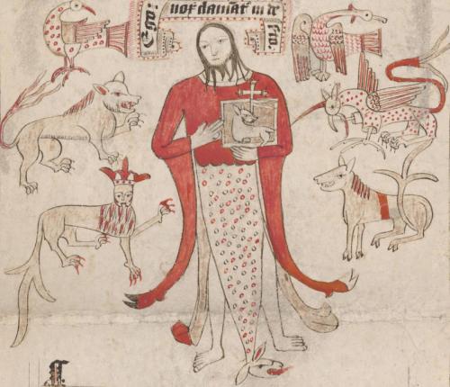 A drawing of John the Baptist, surrounded by fierce chimeras