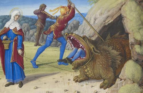 A woman pulls on a rope around a dragon's neck while her companion stabs it with a sword. The creature has half-devoured another knight