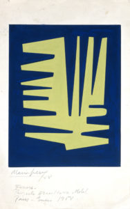 Image of Form, by María Freire, the image is of a solid blue background on paper with light yellow abstract form in the middle the abstract lines look like the teeth from a comb on the left side protruding horizontally and on the right like the teeth of a fork protruding vertically until half way down the middle when they protrude horizontally