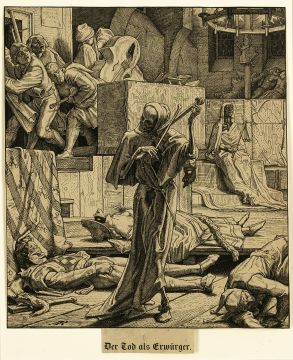 Wood engraving by artist Alfred Rethel, titled "Death as an Enemy", depicting a cloaked skeleton playing bones like a violin surrounded by terrified or dead people