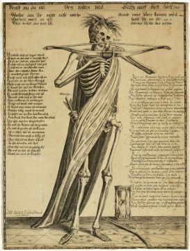 Engraving titled "Death with a Crossbow or Death Stays on Target", depicting a skeleton aiming a crossbow