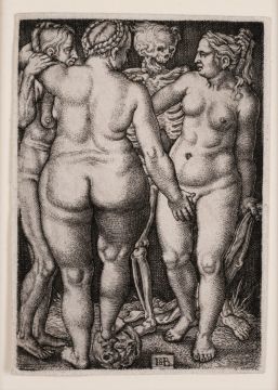 Engraving by artist Sebald Beham, titled "Death and Three Nude Women" depicting a skeleton surrounded by three nude women