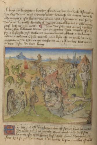 A scene depicting many types of wonders. Visible are Dragons, Birds with rams horns, 'blemmyes' human shaped people, but without heads. Instead their face is their chest. There are also creatures called ‘panotti,’ who are humans with amazingly large ears, almost like elephants.