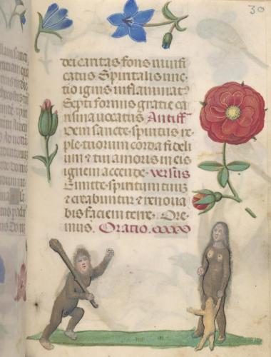 Page from manuscript. The top half text is visible surrounded by flowers. On the bottom of the page is an illustration of a wild man holding a club leaning towards a wild woman holding the hand of the child.