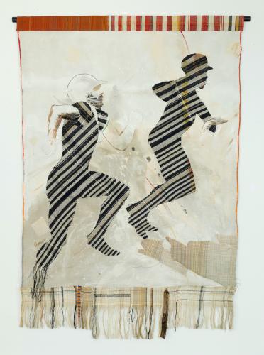 two striped figures hand woven into canvas