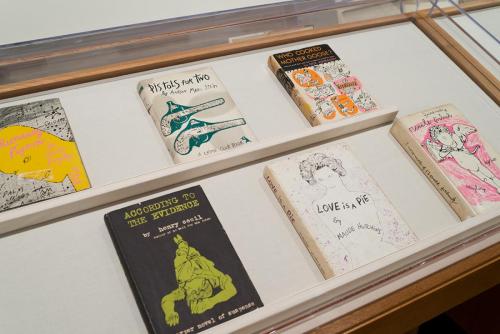 Printed books featuring brightly covered illustrations on their covers in a display case