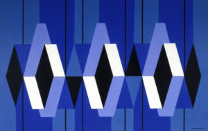 the image is of and abstract piece with overlapping rhombuses they are multi-colored consisting of three shades of blue, and black, and white components. the image is broken up by six vertical lines evenly segmenting the whole piece it is hard to discern where each rhombus beings and ends
