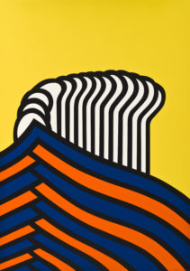 A image depicting a abstract screen print the piece is broken up into three parts the top is a yellow section broken up in the middle by 14 over laying circles that gradually elongate into almost spoon like shape. The bottom section is composed of nine alternating blue and orange wishbone shapes