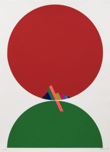 Abstract and geometric piece by Eugenio Carmi. Featuring a large red circle above a green half circle. Inside the red circle are bars of color protruding from the bottom. A pink bar of color protrudes from the bottom of the red circle into the green circle.