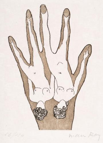 A print of a hand with two upside down naked figures within it