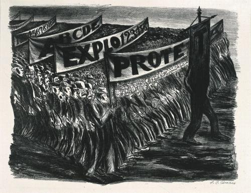 lithograph of a protest demonstration. there are hundreds of people in attendance sketched with very thick lines. they hold banners that read "ABC.." "??????????" "ABCDE" "EXPLO123456" and "PROTE.." with a figure leading the group that morphs into a banner reading "T".