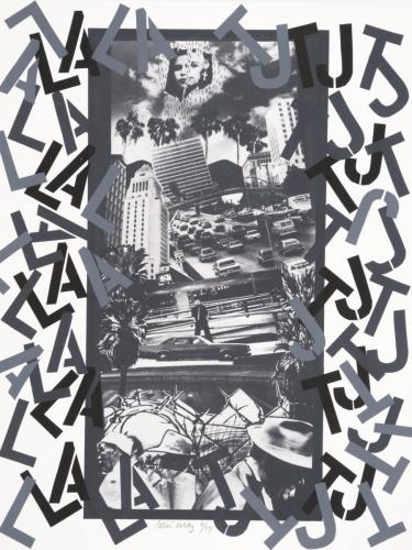 A collage of screenprinted black  white photos of skyscrapers, traffic, palm trees, barbed wire and men in fedora hats. The left side of the collage has the letters LA scattered from top to bottom and the right side has the letter TJ scattered in the same way. At the very top a torn image of a woman's face wearing a large cross earring hovers above it all.
