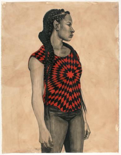 woman with red and black tie-dyed shirt drawn on tea dyed paper with pastel, colored pencil, and charcoal