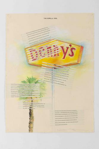 Text passages placed over Denny’s sign and palm tree. Text above reads THE GORILLA GIRL.