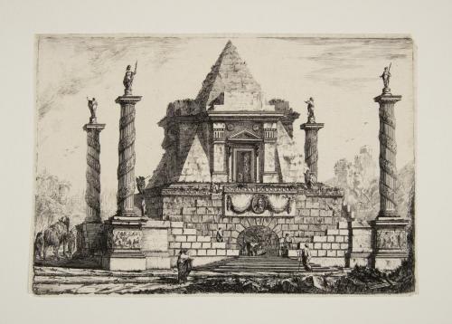 An imaginary triangular-shaped mausoleum surrounded by four columns