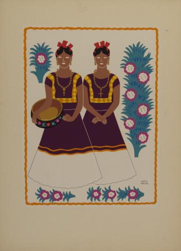 Illustration of two figures in traditional attire, standing side by side against a light beige background. Each figure wears a dark purple dress with yellow decorations and a red headpiece. One holds a bowl with various items, and both are surrounded by a floral border featuring pink and blue flowers. 