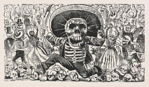 A print showing a skeleton in a hat, holding a machete, with a crowd