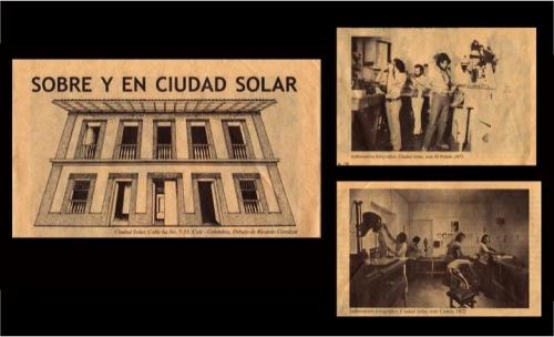 Black background with three sepia-toned images. The one on the left is the facade drawing of a building. The two on the right are photographs of artists working in a studio.