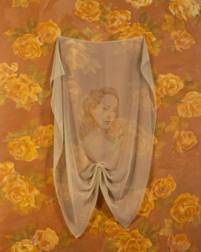 A transparent sheet with an image of a woman hangs against a burnt orange, floral background