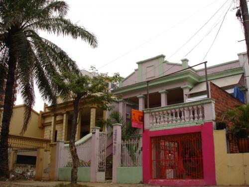 Color photograph of a green and pink building, with columns in the façade. On the forefront, there is a palm tree.
