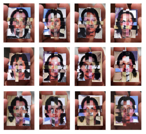 Twelve color portraits of the artist arranged on a grid of four-by-four. Each portrait is made up of fragments of different photos of the artist. 