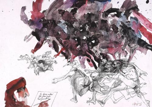 A figure of a poet at the bottom left, looking at a swarm of screaming figures running around a swirl of dark purple and black-hued colors which has arms reaching out toward them 