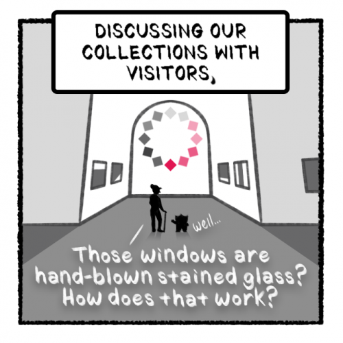 3rd panel of comic where small character and a visitor look up at "tumbling squares" inside "Austin"