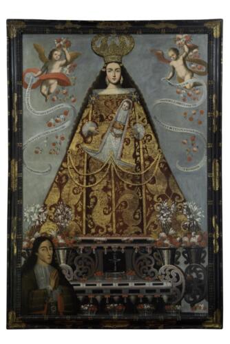 A lady in fancy red brocade dressed in a triangular shape wears an oversized crown and stands on a richly decorated platform. A man, depicted only half length, with fancy robes, dark skin, and long hair, faces the spectator from the bottom left corner.