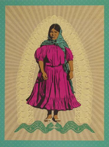 Illustration of an individual standing in a traditional vibrant pink dress and green shawl against a decorative background featuring circular patterns and wavy lines along the bottom. The style is reminiscent of folk art, and the background uses shades of beige and yellow to complement the central figure